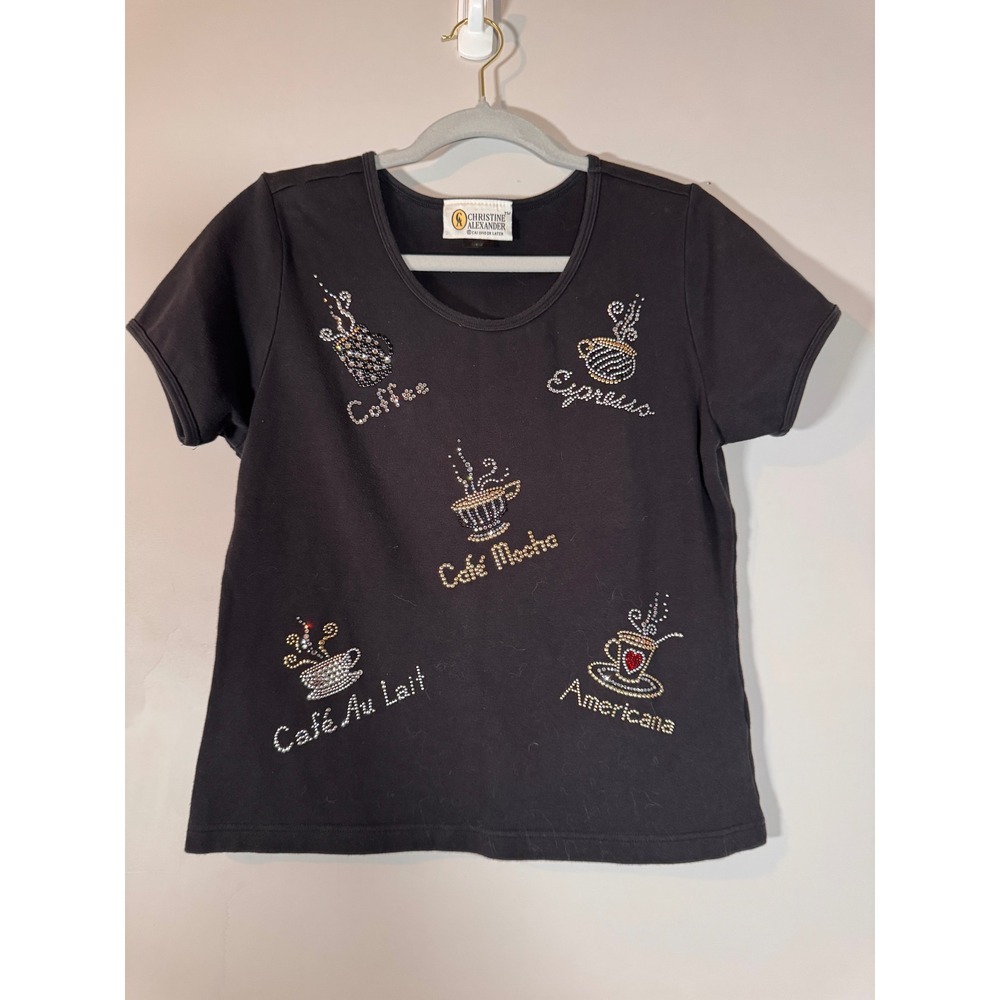 Christine Alexander Coffee Rhinestone Top Black Short Sleeve Scoop Neck Large